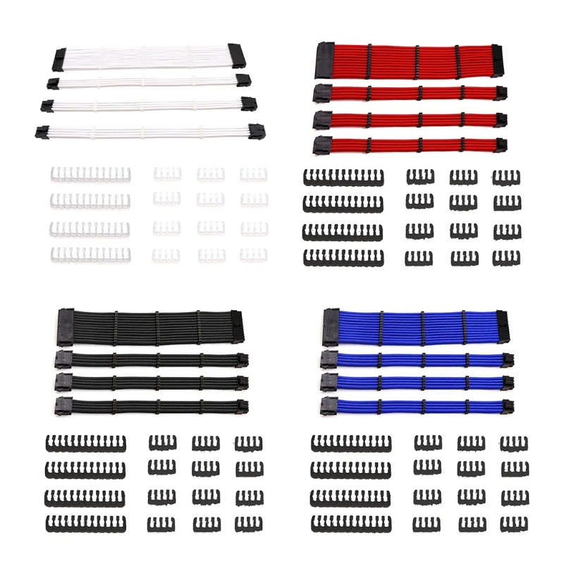 PC Sleeved Cable Extension Kit 18AWG 24Pin Motherboard 8 (4+4) Pin CPU 8 (6+2) Pin PCIE with Combs 33cm Multi-color