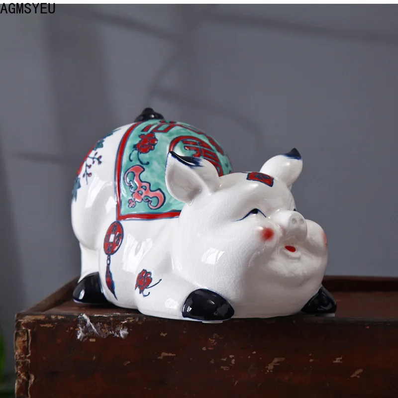 AGMSYEU Modern Simple Creative Happiness Pig Animal Piggy Bank Ceramic Crafts Decoration Bedroom Living Room Desktop Decoration