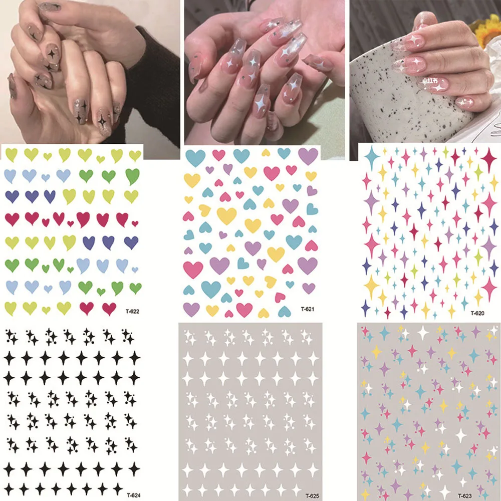 1Pcs Star Crooked Heart Nail Art Sticker Colorful Rainbowl Cross Four-Pointed Star Nail Decals 3D Slider White/Black Decorations