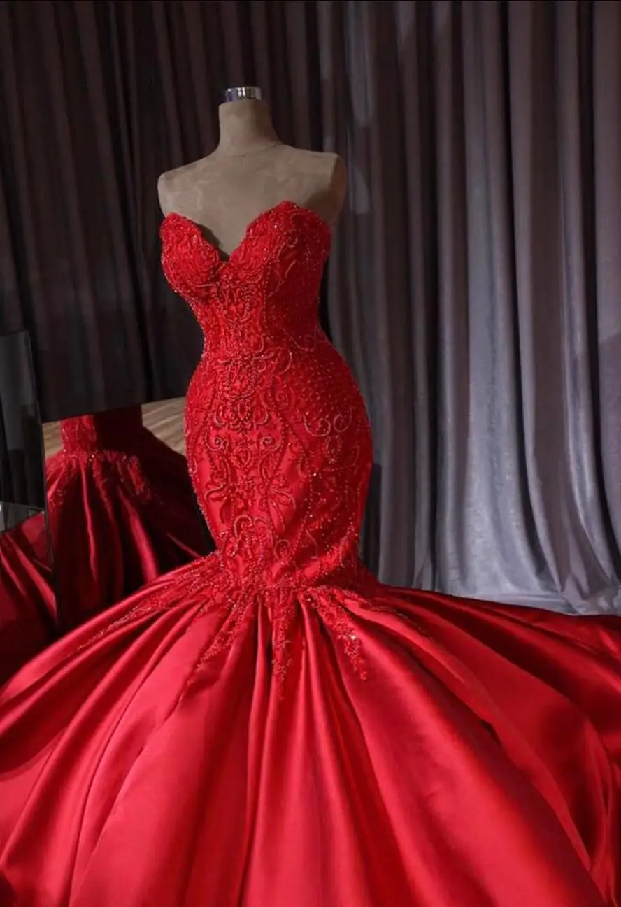 Robe De mariée De luxe en forme De sirène, tenue De mariage rouge arabe dubaï avec des perles et des trompettes, avec traîne royale, nouvelle collection 2021