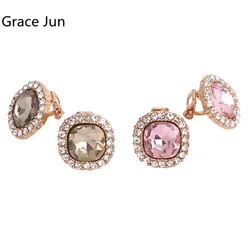 Grace Jun New Rhinestone Crystal Clip on Earrings No Pierced for Women Party Wedding Luxury Bride No Ear Hole Earrings