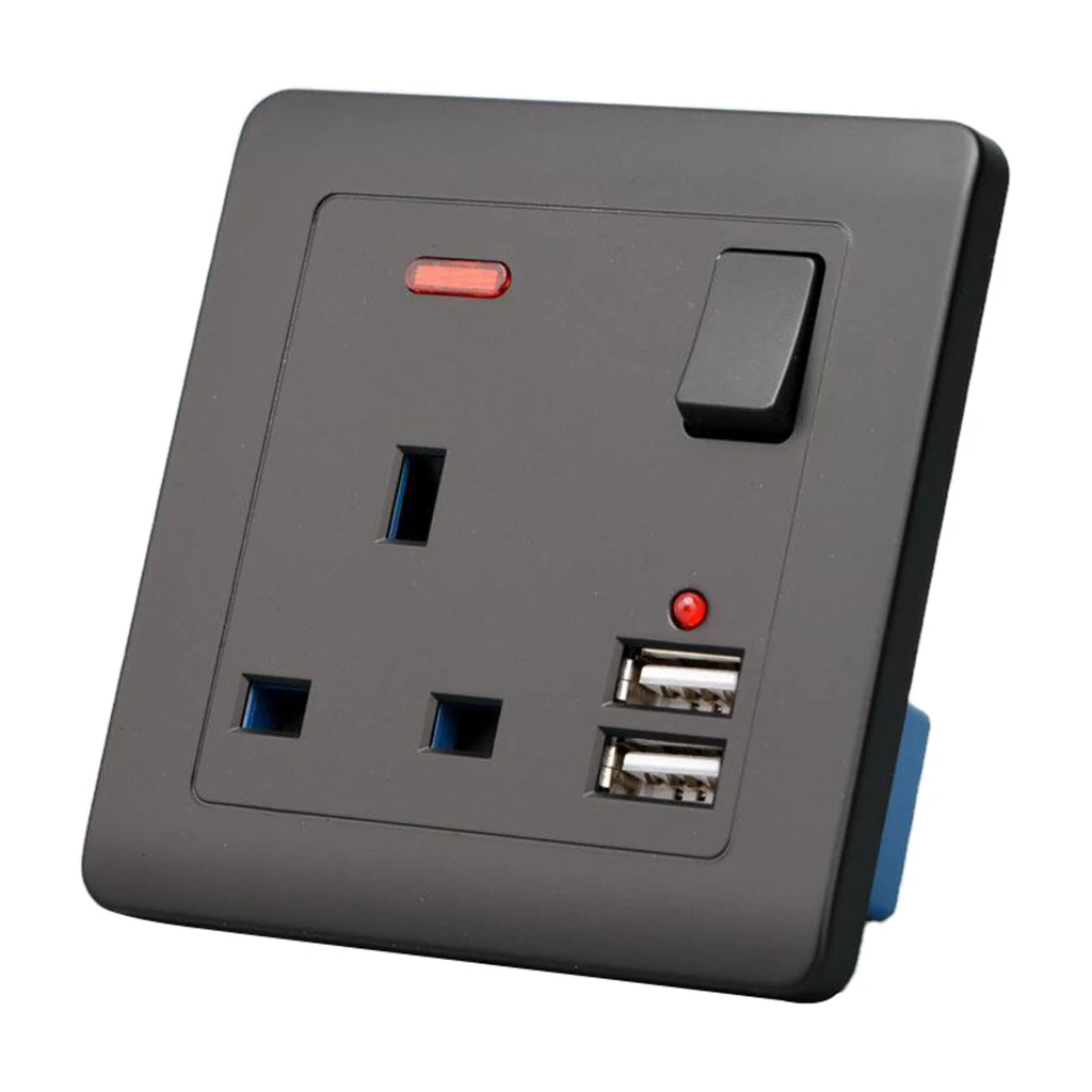 Electrical Wall Socket UK Plug 2 USB Charger Port Outlets Plate 13A Black 2 Gang 2 USB Charger Port Outlets Plate