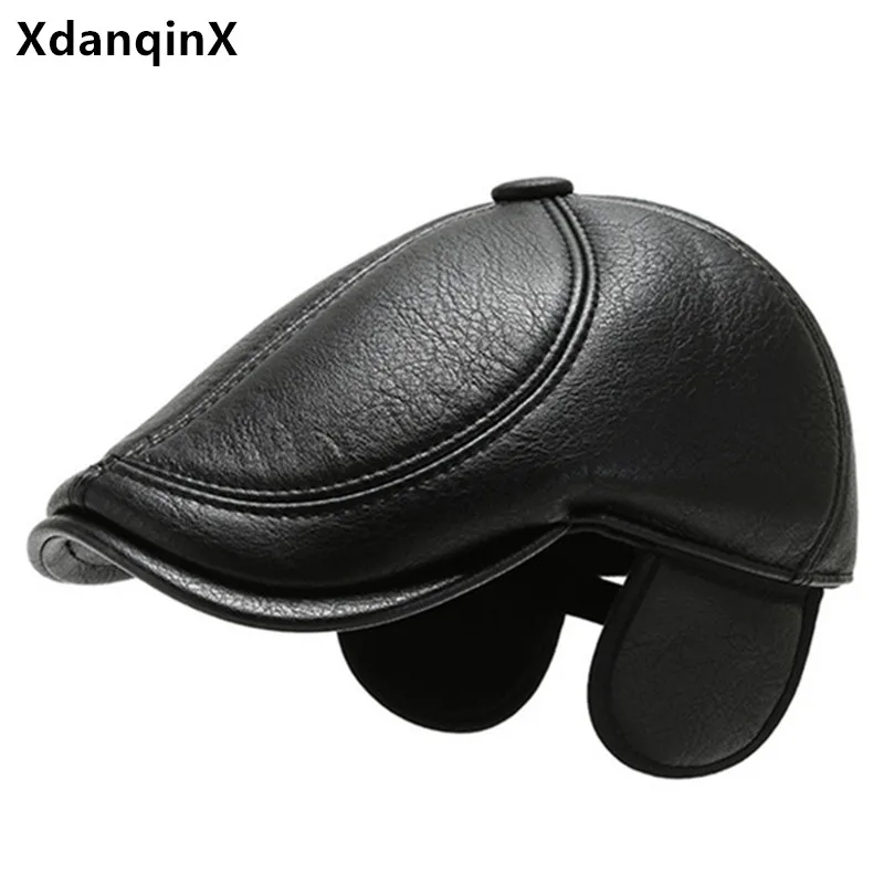 XdanqinX Winter Faux Leather Hat Men Warm Berets Thick Earmuffs Hat Middle-aged Men\'s PU Leather Cap Adjustable Size Tongue Caps