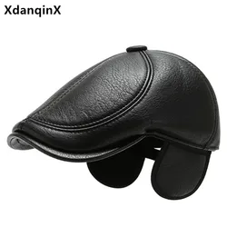 XdanqinX Winter Faux Leather Hat Men Warm Berets Thick Earmuffs Hat Middle-aged Men's PU Leather Cap Adjustable Size Tongue Caps