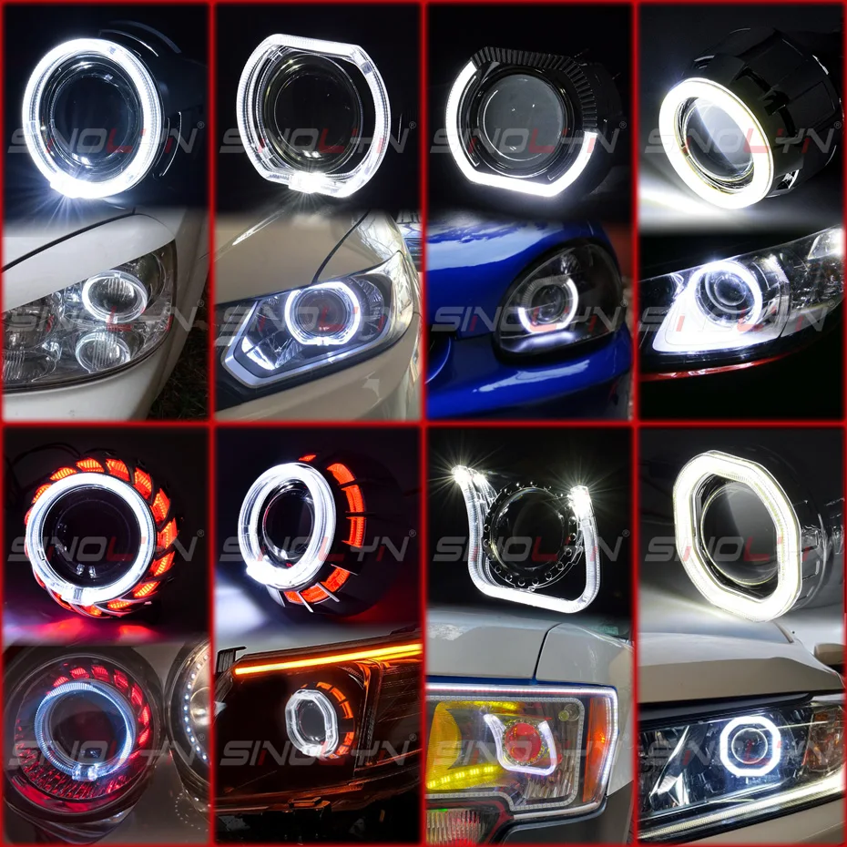 Sinolyn LED Angel Eyes Shrouds For Headlight Projector Lens DRL Bezel Running Lights Cover For 2.5'' H1 WST Lens Car Accessories