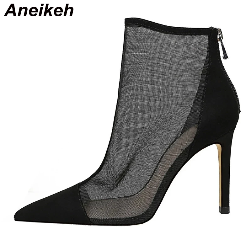 Aneikeh NEW 2024 Fashion Summer Ventilation Mesh Ladies Boots ANKLE Pumps 9.5CM Thin Heels Pointed Toe ZIP Solid Women\'s Shoes