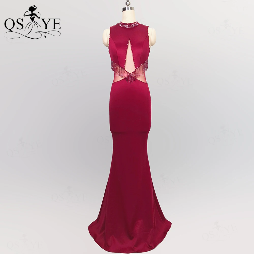 

Burgundy Prom Dress Beading Waist Princess Party Gown Crystal High Neck Open Hollow out Sides Evening Gown Sleeveless Zipper up