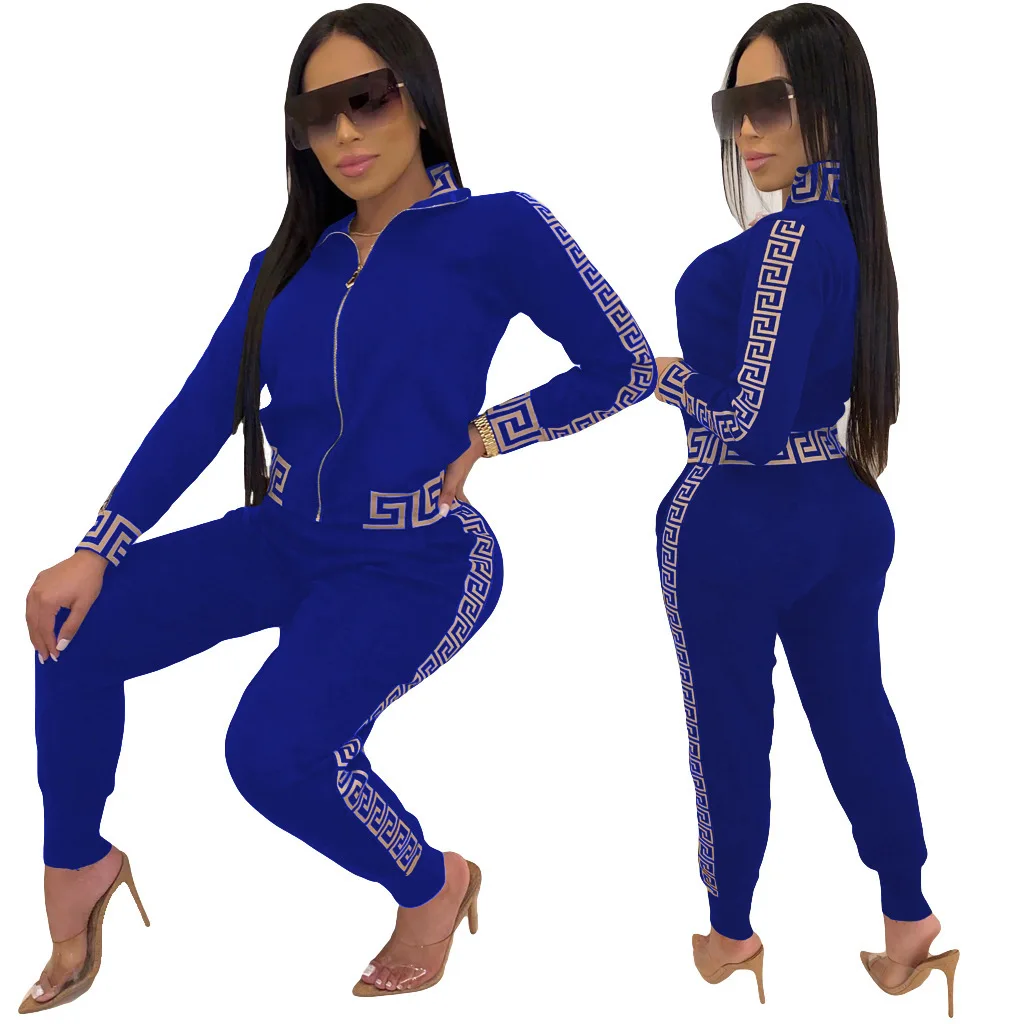 2022 y2k Tracksuit Women Elegant Two -Pieces Suit Sets Female Stylish Plus Size Greek Fret Print Coat & Pant Sets jogging femme