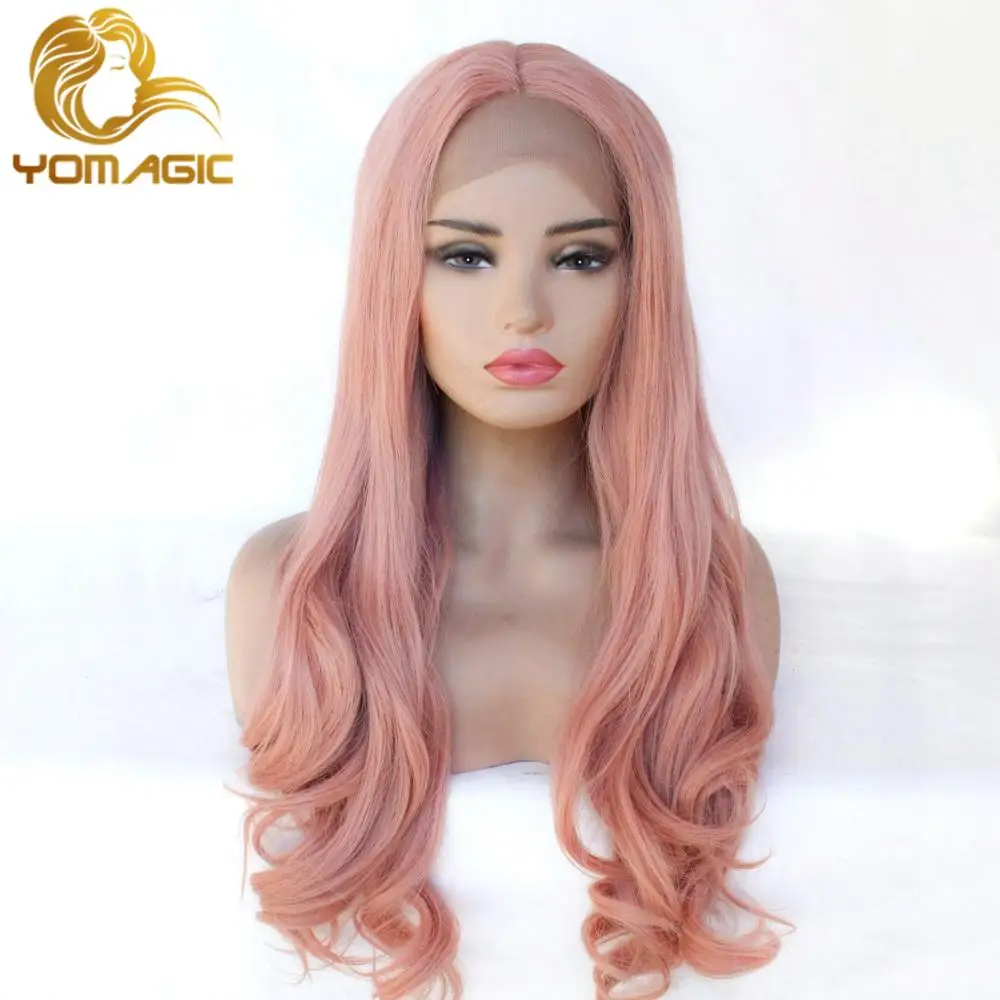 

Yomagic Hair Rose Pink Synthetic Hair Wigs with Natural Hairline Long Body Wave Glueless Lace Front Wigs For Women