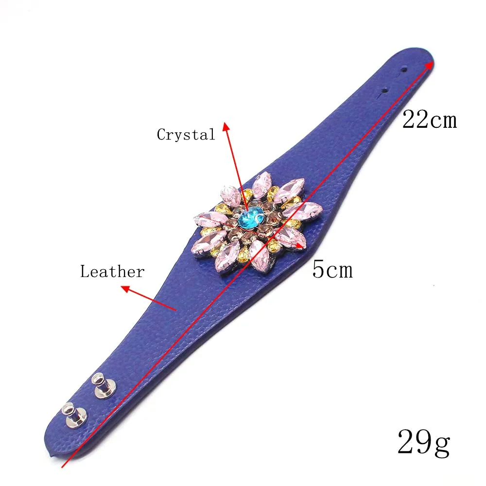 European Fashion Punk Wide Crystal Flowers Leather Bracelets for Women Charm Cuff Bracelet Statement Jewelry
