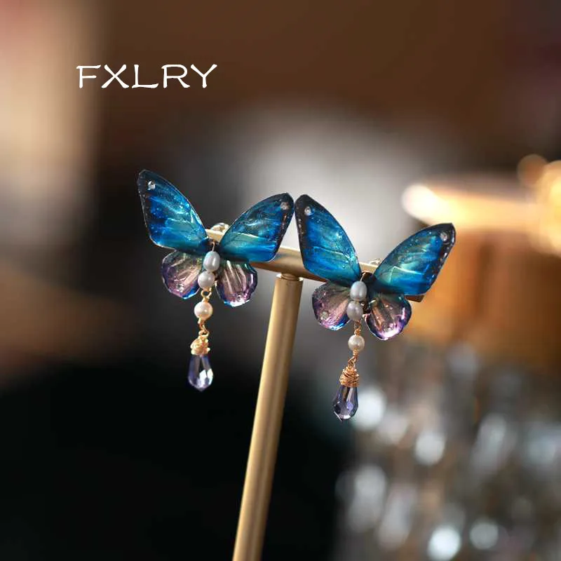 

FXLRY Elegant Handmade Natural Freshwater Pearl Vintage Butterfly Crystal Earrings For Women's Jewelry