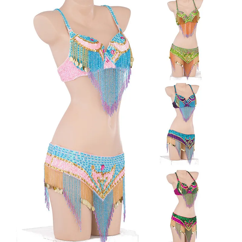 

Sexy Tassel Beads Indian Bra Hip Scarf Belly Dance Suit Stage Nightclub Dance Performance Clothing Belly Dance Costume Women