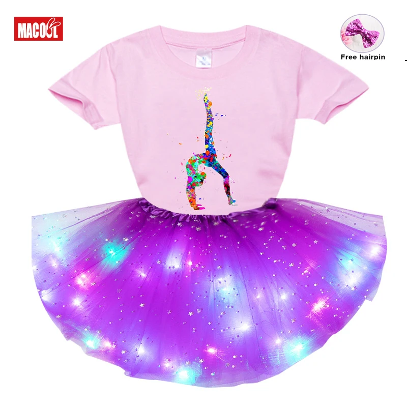 

Kids Girls Cute Ballet Girl Print Short Sleeve T-shirt + Dress +hairpin 3pc Sets 2021 Summer Kids Dress Sets Girls Clothes Sets