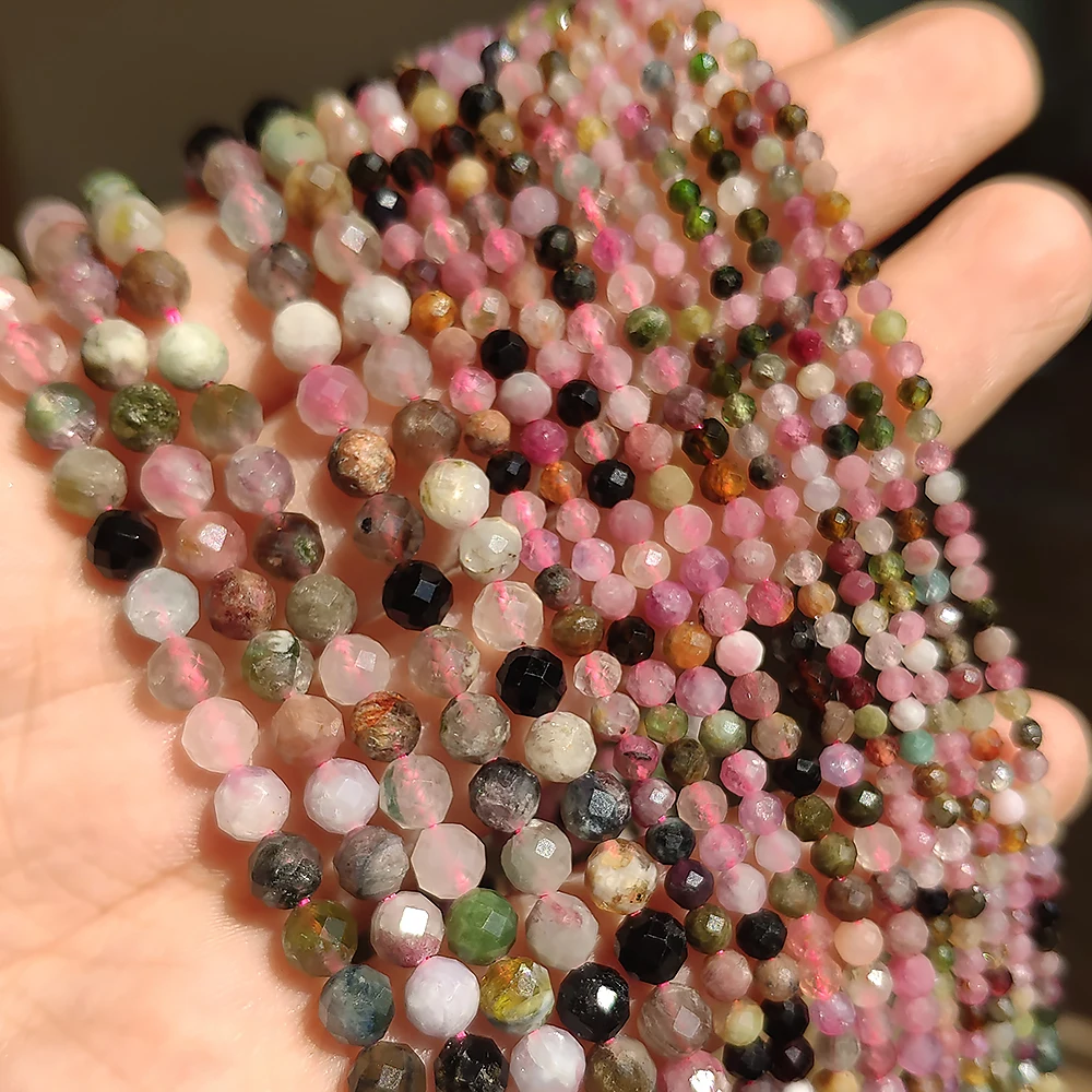 Natural Tourmaline Faceted Mineral Loose Beads for Jewelry Making DIY Christmas Gift Bracelets 15\'\' Tiny Stone Bead 2/3/4mm