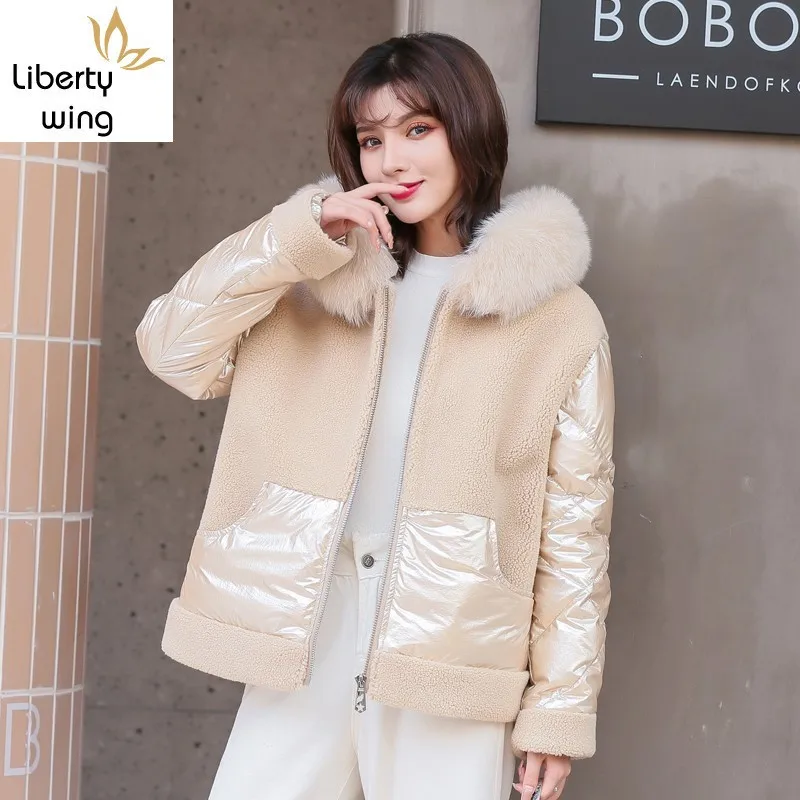 

Wool Sheep Shearing Women Short Overcoats Long Sleeve Fox Fur Collar Patchwork Down Korean Winter Warm Female Hooded Coats