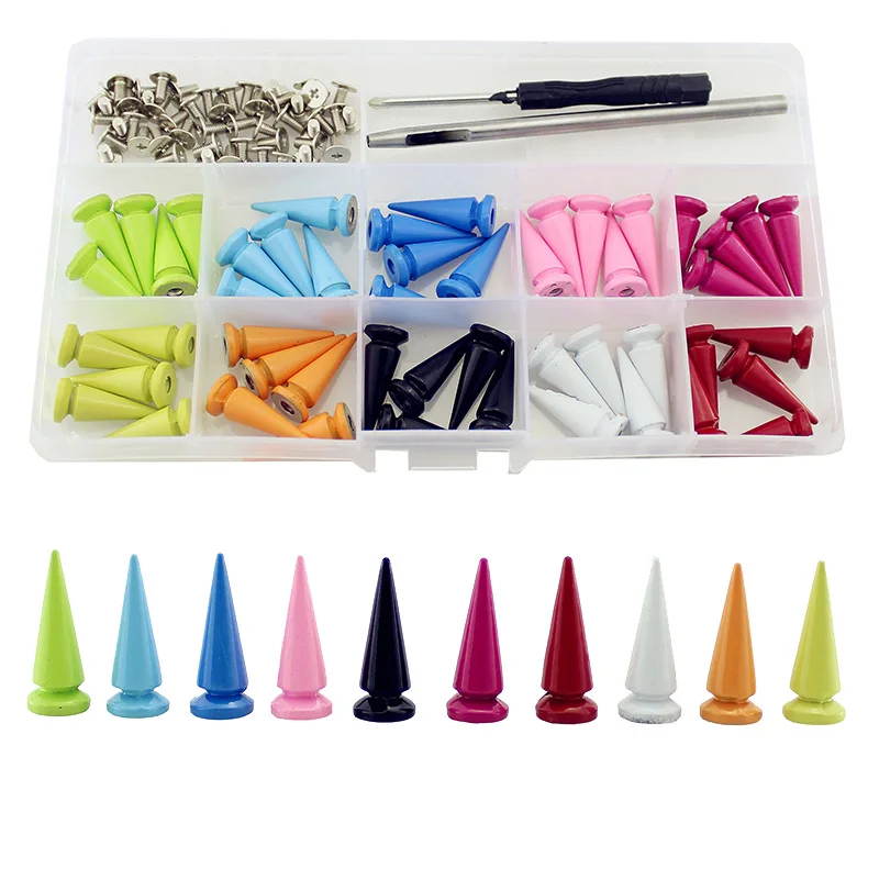 

50sets 10*24mm Colorful Painted Cone Studs and Spikes For Clothes DIY Garment Rivets For Leather Handcraft Remachadora