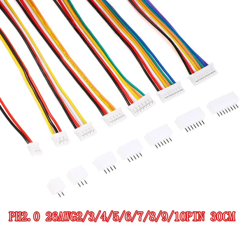 10Sets Micro Mini JST 2.0 PH Connector Male Female 2/3/4/5/6/7/8/9/10-Pin Plug With Wires Cables Socket 300MM 26AWG