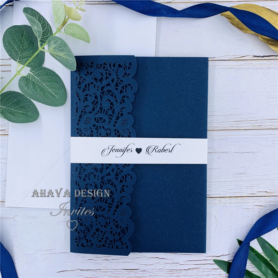 Intricate Dark Navy Lace Laser Cut Tri-fold Wedding Invitation Handmade Personalized