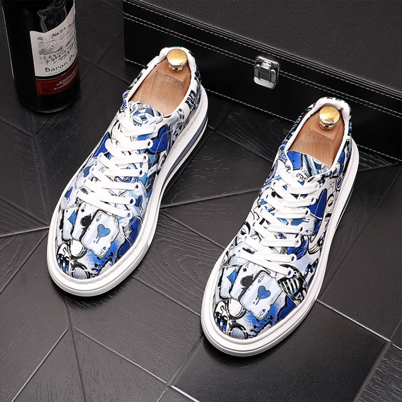 Korean style men's fashion punk hip hop dress genuine leather shoes air cushion platform sneakers youth printing oxfords shoe