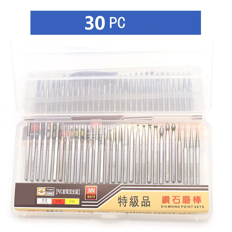 30PC 2.35/3mm Diamond Point Burr Bits Head For Accessories Shank Grinding Needle Carving Polishing Mounted Mini Drill Tool