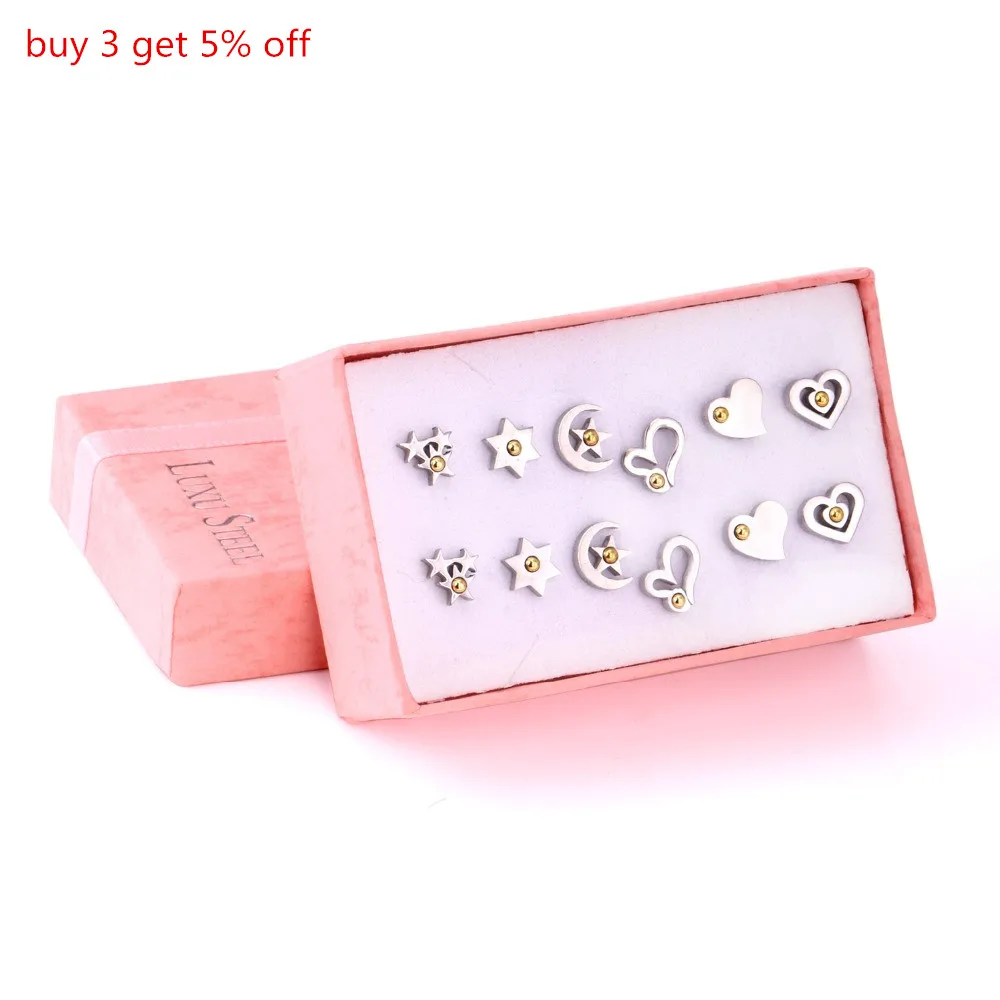 LUXUKISSKIDS 6Pairs/Box Stainless Steel Pendientes Stud Earrings set Heart Star For Women Christmas Earrings Korean Brincos 2020