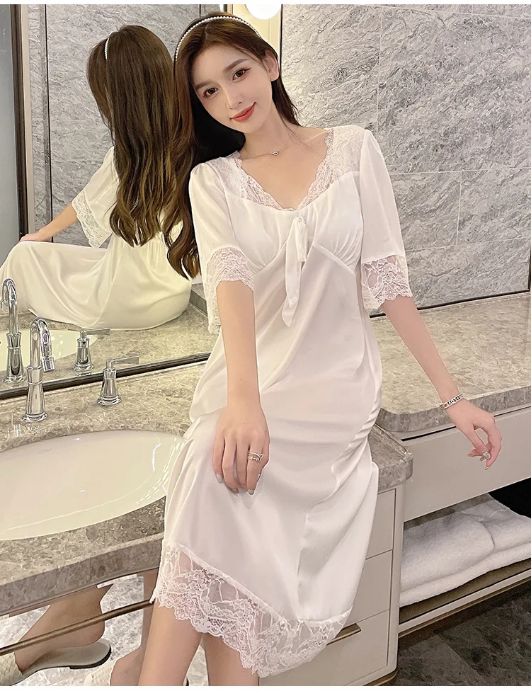 Women Sexy Black Long Nightdress Soft Satin Silk Sleepwear Home Dressing Gown Short Sleeve Lace Trim Nightgown Lingerie Bathrobe