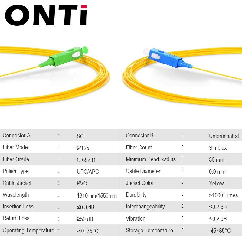 ONTi 20/50/100/200PCS/Lot SC APC / UPC Fiber Pigtail Simplex 9/125 1M Single Mode Fiber Optic Pigtail 0.9mm