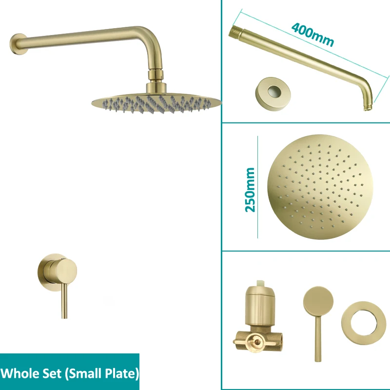 10 inch Round Bathroom Luxury Rain Mixer Shower Set Wall Mounted Rainfall Shower Head System Brushed Gold Finish