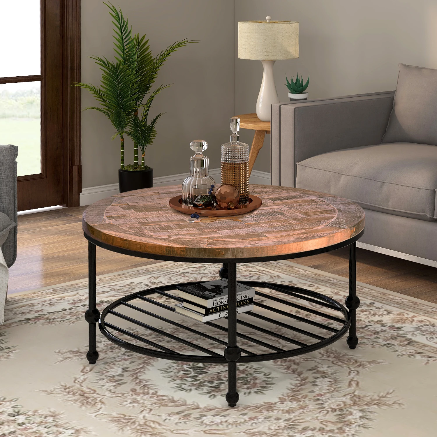 Rustic Natural Round Coffee Table 35.8x35.8x18.3Inch with Storage Shelf for Living Room Easy Assembly Brown[US-W]