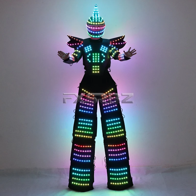 Full Color Pixel LED Robot Costume Clothes Light Up Stilts Walker Clothing Helmet Laser Gloves LED Luminous Jacket Suit