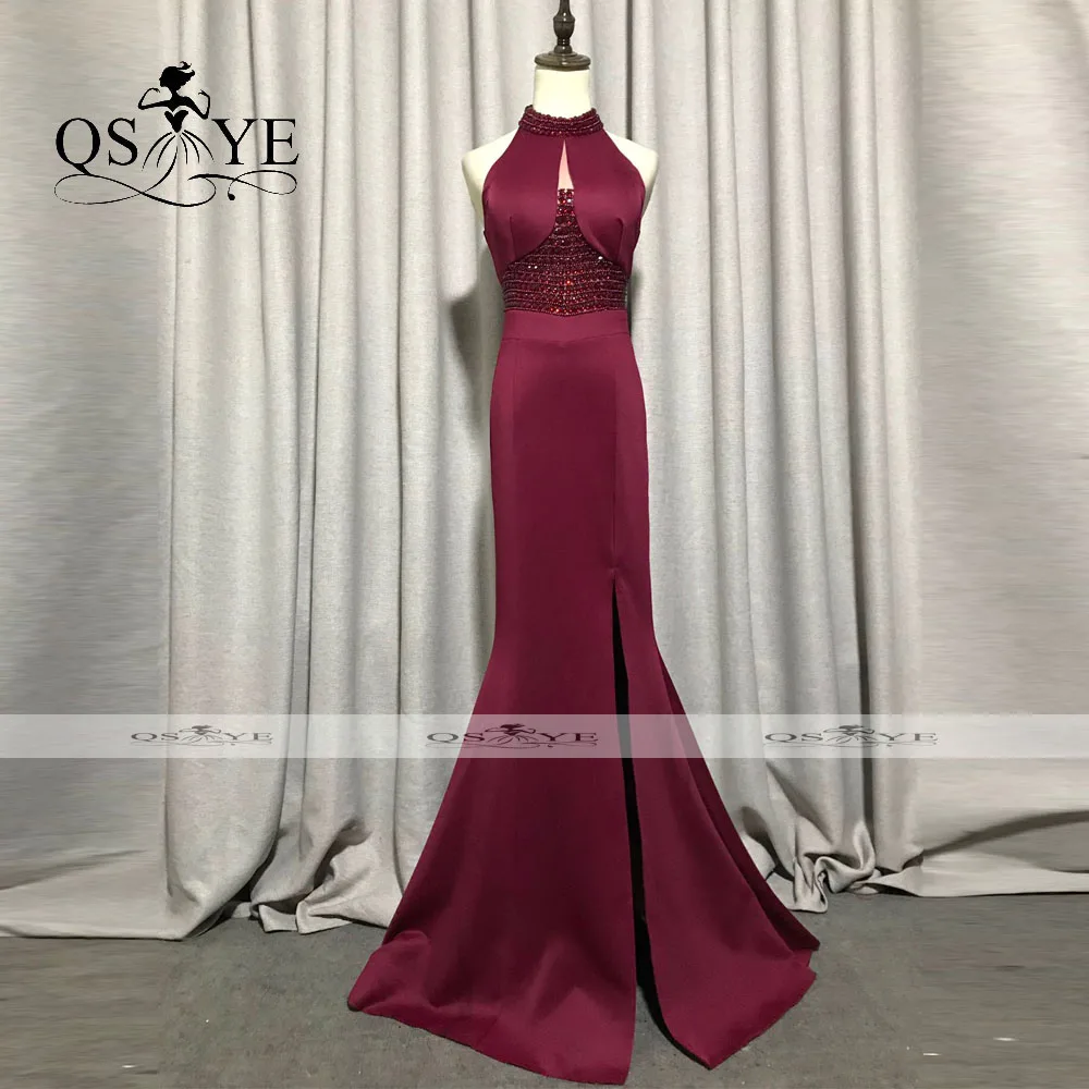 Robe de soirée de forme sirène, tenue de bal élégante, col licou, couleur bordeaux, taille de perle, extensible, bon marché, Sexy, fendue, pour femmes