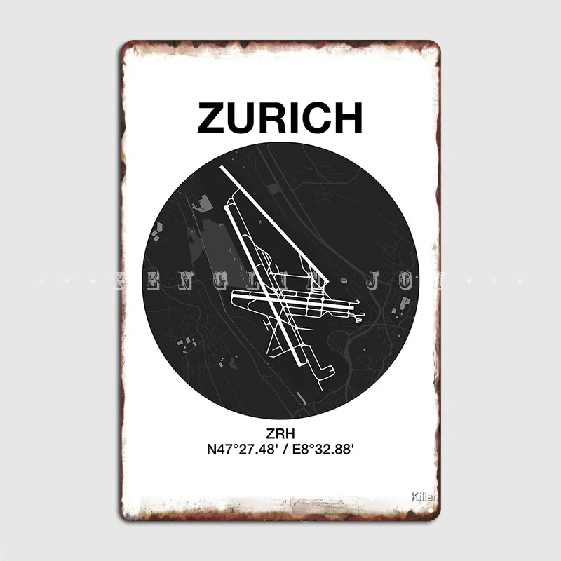 Zurich Airport Map Poster Metal Plaque Club Club Bar Retro Wall Decor Tin Sign Poster