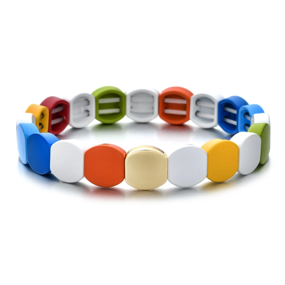 Handmade Enamel Rainbow Honeycomb Tile Bracelet Colorful Painted Metal Cuff Bracelet Friendship Street Photography Bangles