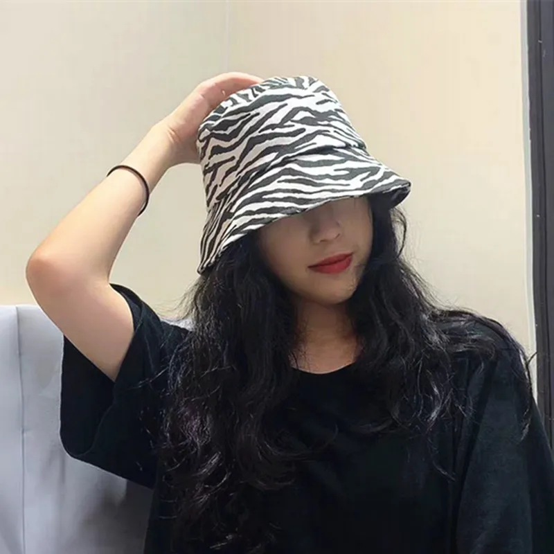 

New autumn women zebra-stripe printed bucket hat 100% Cotton hip hop panama fisherman caps gorros