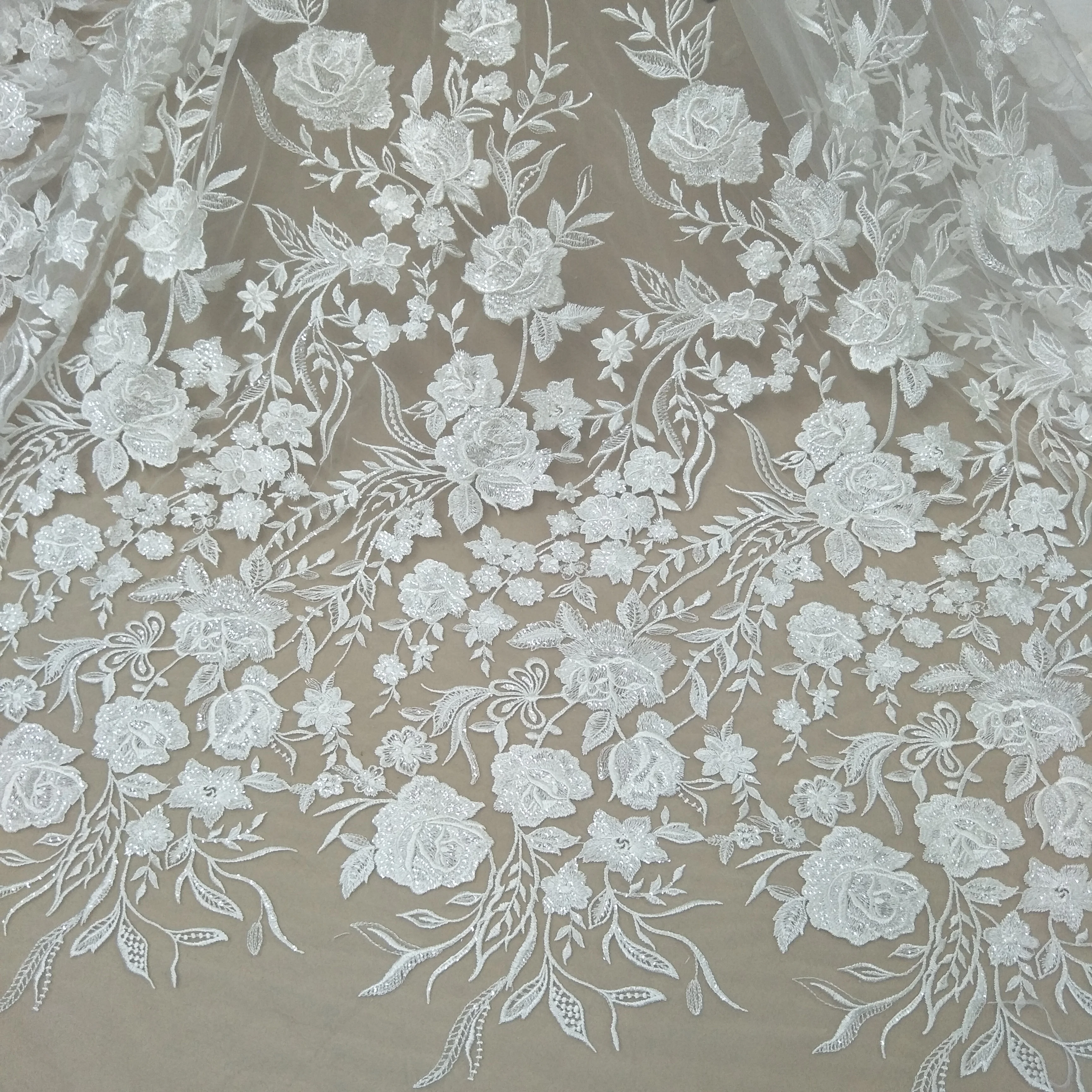 Lvory rose flower bridal wedding gown dress lace fabric 130cm width embroidery lace sell by yard