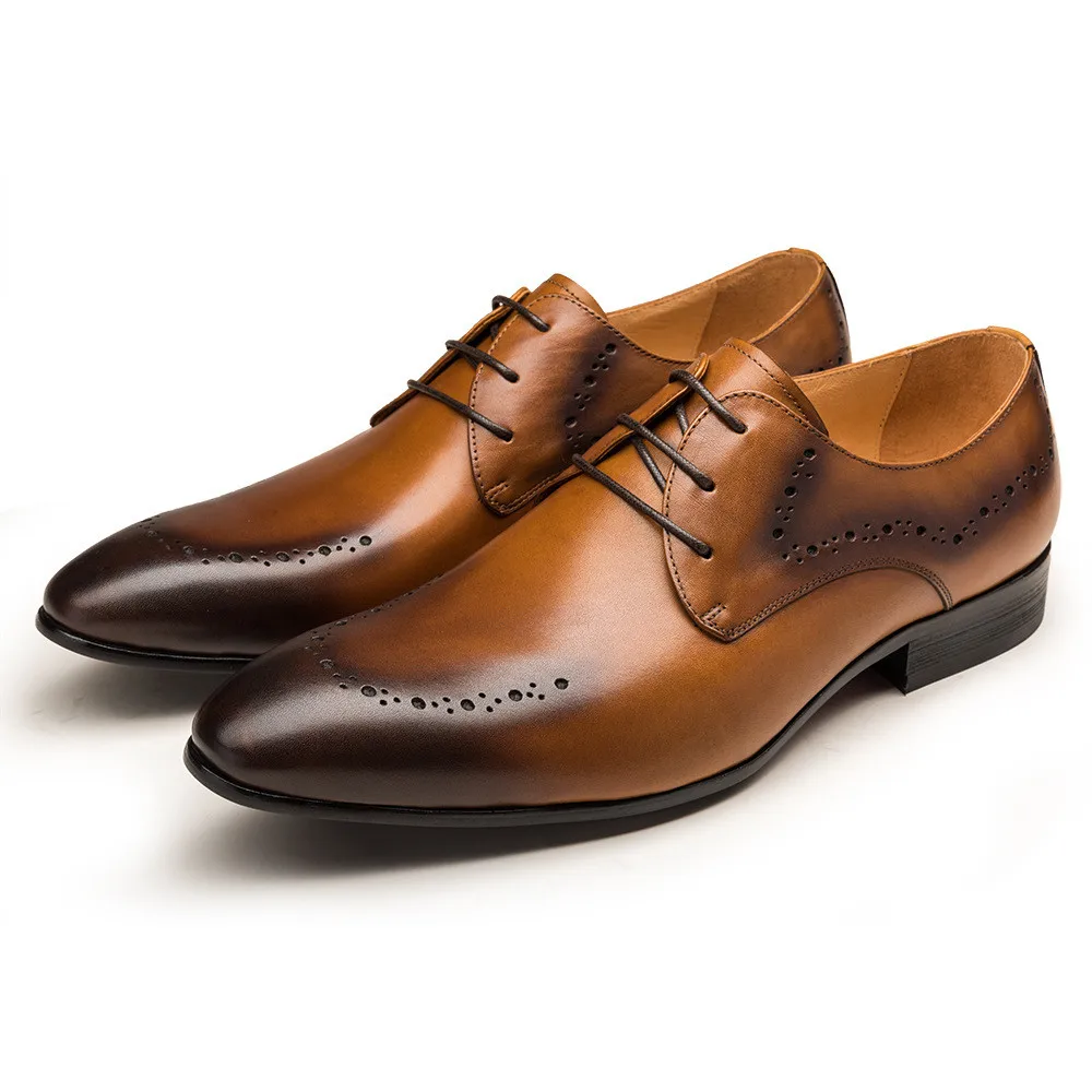 

Genuine Leather Derby Dress Men Shoes Fashion Carving Men's Wedding Shoes High Quality Office Work Pointed Toe Lace Up Shoes