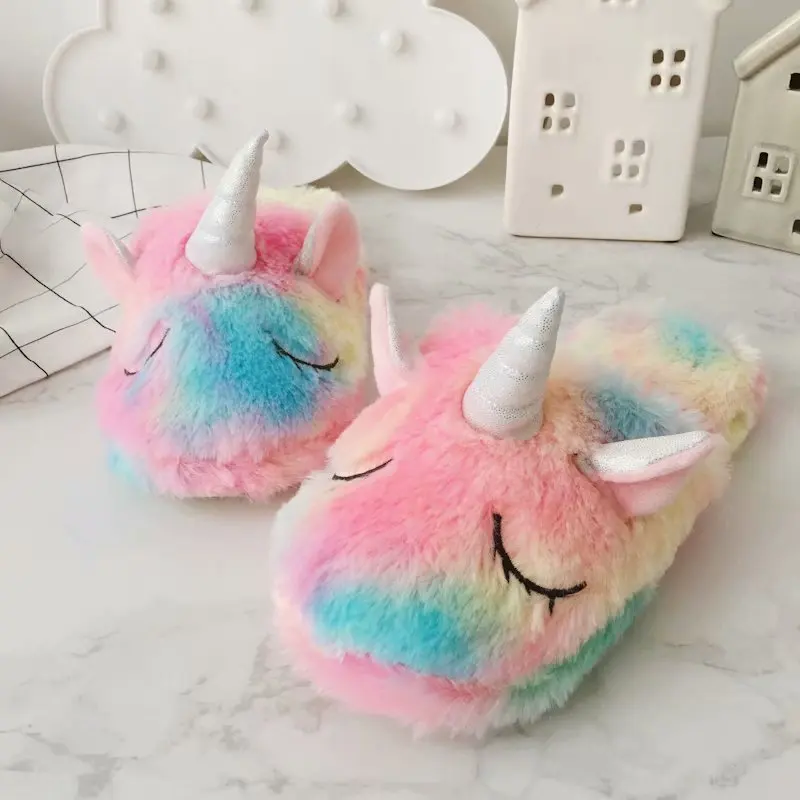 House Women Fur Slippers Cute Colorful Unicorn Cartoon Cozy Home Grils Gifts Slippers Indoor Warm Plush Ladies Fluffy Shoes