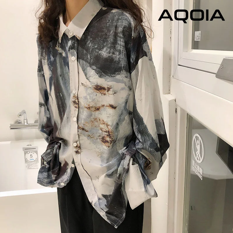 Women\'s Korean Style Chic Abstract Ink Printing Long Sleeve Blouse Shirt Turn Down Collar Loose Ladies Shirt Y2K Spring 2024