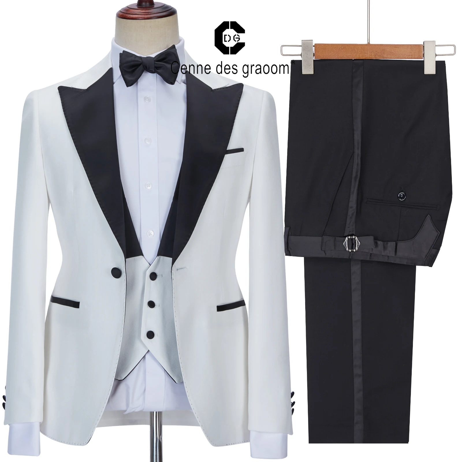 Cenne Des Graoom 2022 New Men Suits Set Satin Peak Lapel Tailor-Made Prom Tuxedo White 3 Pieces Wedding Groomsmen Costume Homme