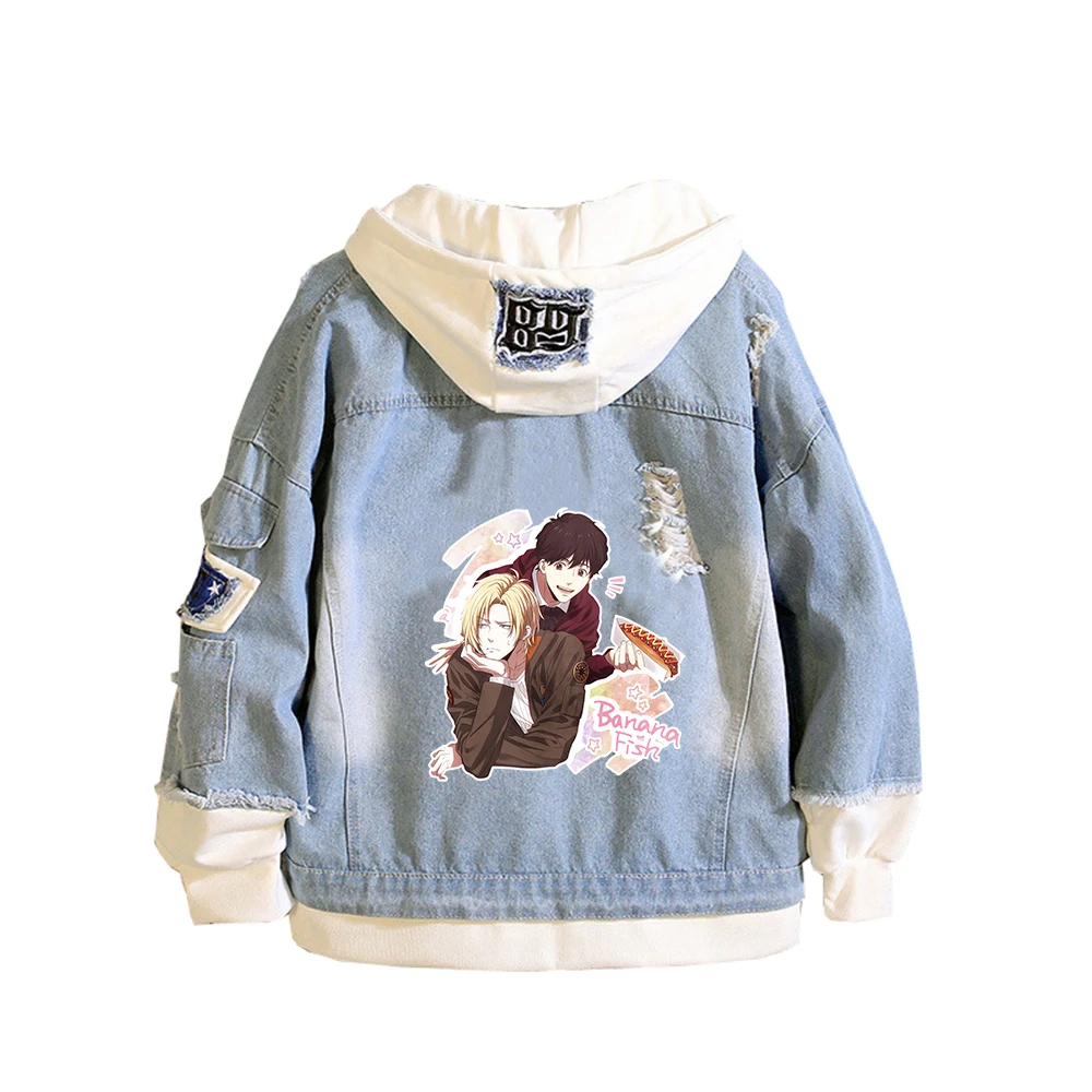 Banana Fish Painting Jeans Jacket  Ash Lynx Anime Denim Hoodies Harajuku Streetwear Long Sleeve Women Sweatshirt  Couple Costs view 5