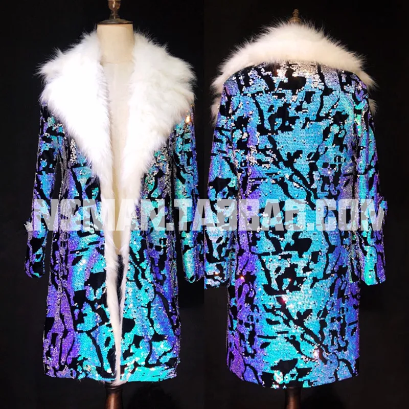 

S-6XL!!!2022 Nightclub bar male singer dazzling blue sequins fur long coat performance clothes coat