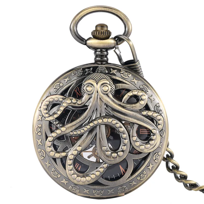 Stempunk Hollow Octopus Design Men Women Mechanical Hand Winding Pocket Watch Roman Number Fob Chain Skeleton Clock