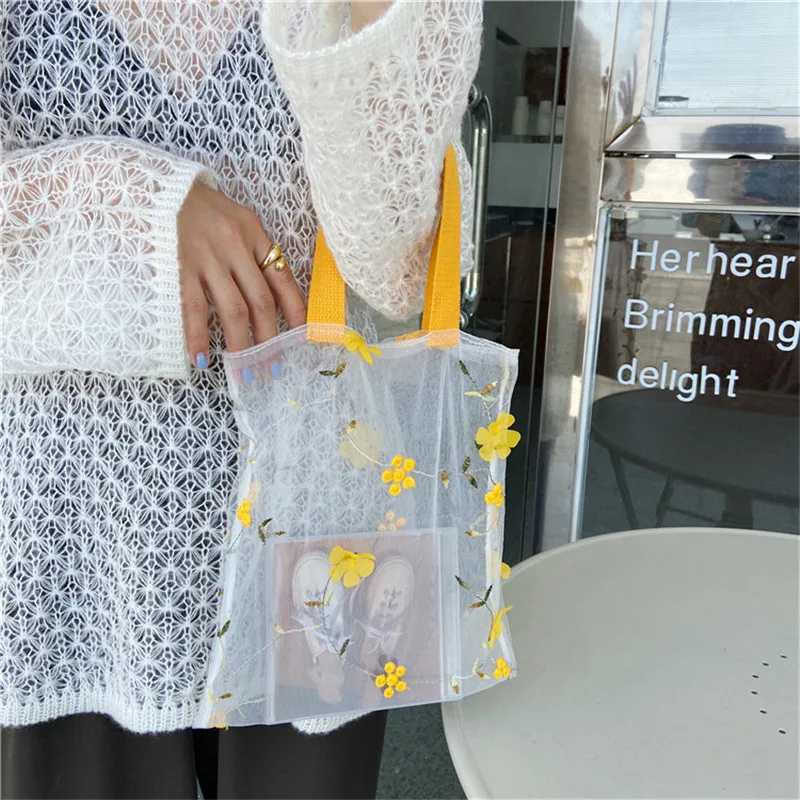 Minin Embroidered Light Clear Tote Bags Female Simple Shoulder Mesh Shipping Bags Floral Beach Eco Fruit Bag Purse for Girls New