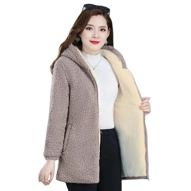 Middle-aged Mother Women\'s Lamb Wool Coat 2022 New Fashion Winter Jacket Women Loose Hooded Mid-length Female Overcoa