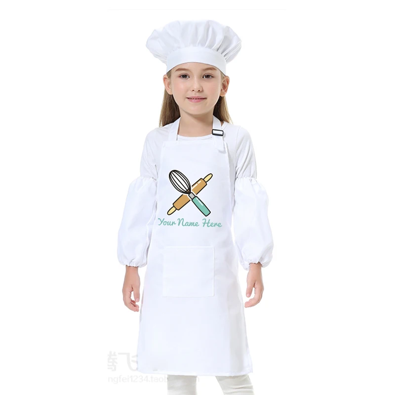 Kids Kitchen Baking Bib Pinafore Child Polyester Apron Painting Eating Clothes Smock Chef Hat Print Name NOT Free