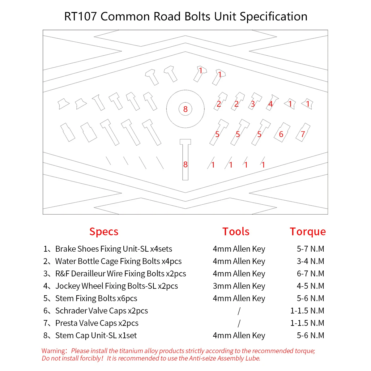 RISK RT017 Bike Titanium Alloy Fixing Bolts Screws Set For Common Road Bicycle Front Rear Derailleur Brake Shoes Fixing Stem Cap