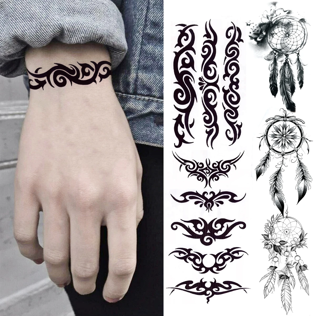 Black Thorns Fashion Temporary Tattoos For Men Women Dreamcatcher Realistic Fake Tattoo Waterproof Body Art Tatoos Decal Wrist