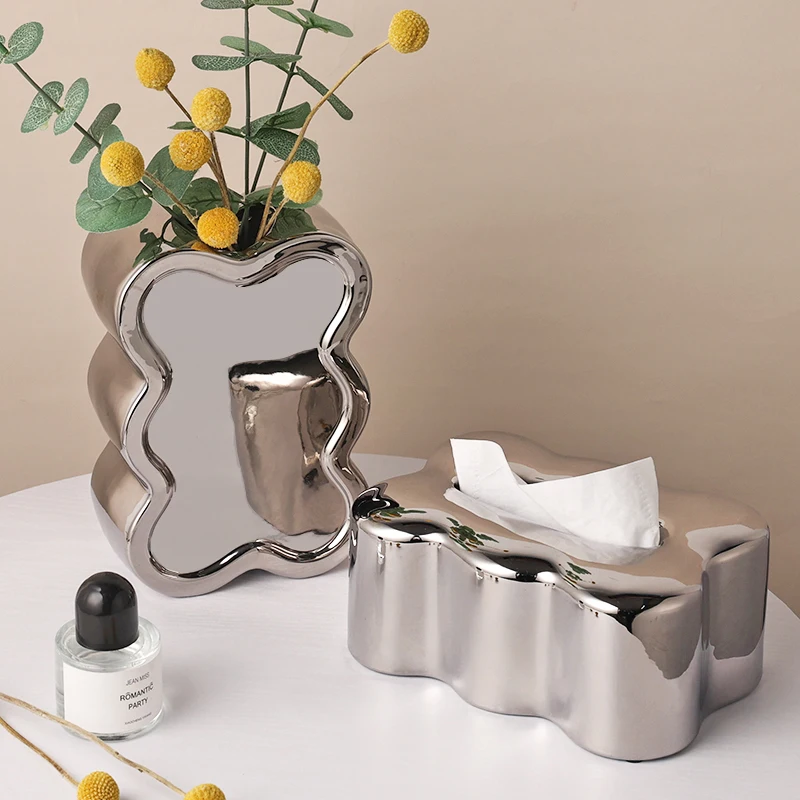 Light Luxury Silver Flower Shape Ceramic Vase Tissue Box TV Cabinet Decoration Living Room Flower Arrangement Home Decorations