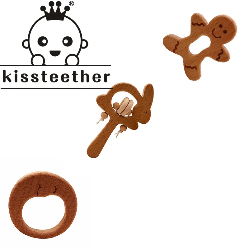 Kissestether-赤ちゃんの木製の歯が生えるリング,1パーツ,食品グレード,動物,ブナ,DIY