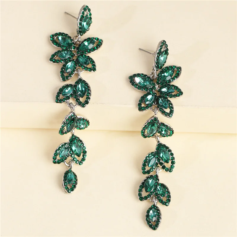 JUJIA New Design Dangle Long Leaves Tassel Earrings Fashion Jewelry Charms Green Crystal Stone Drop Earrings For Women Gifts